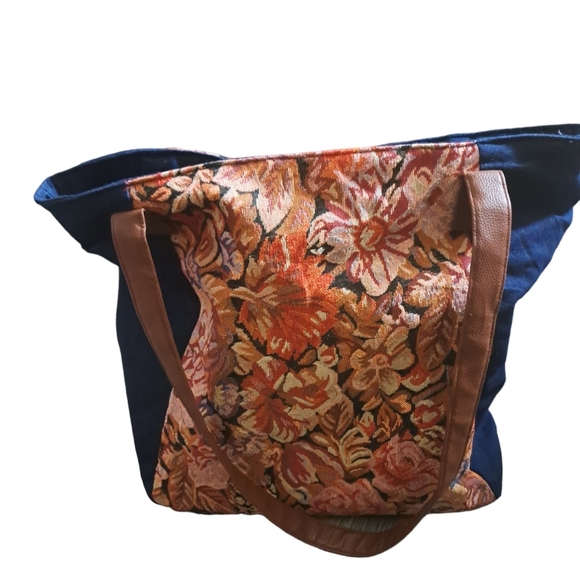 VTG GOLD COAST TAPESTRY denim zip tote bag faux leather straps floral coastal LG - Picture 4 of 12